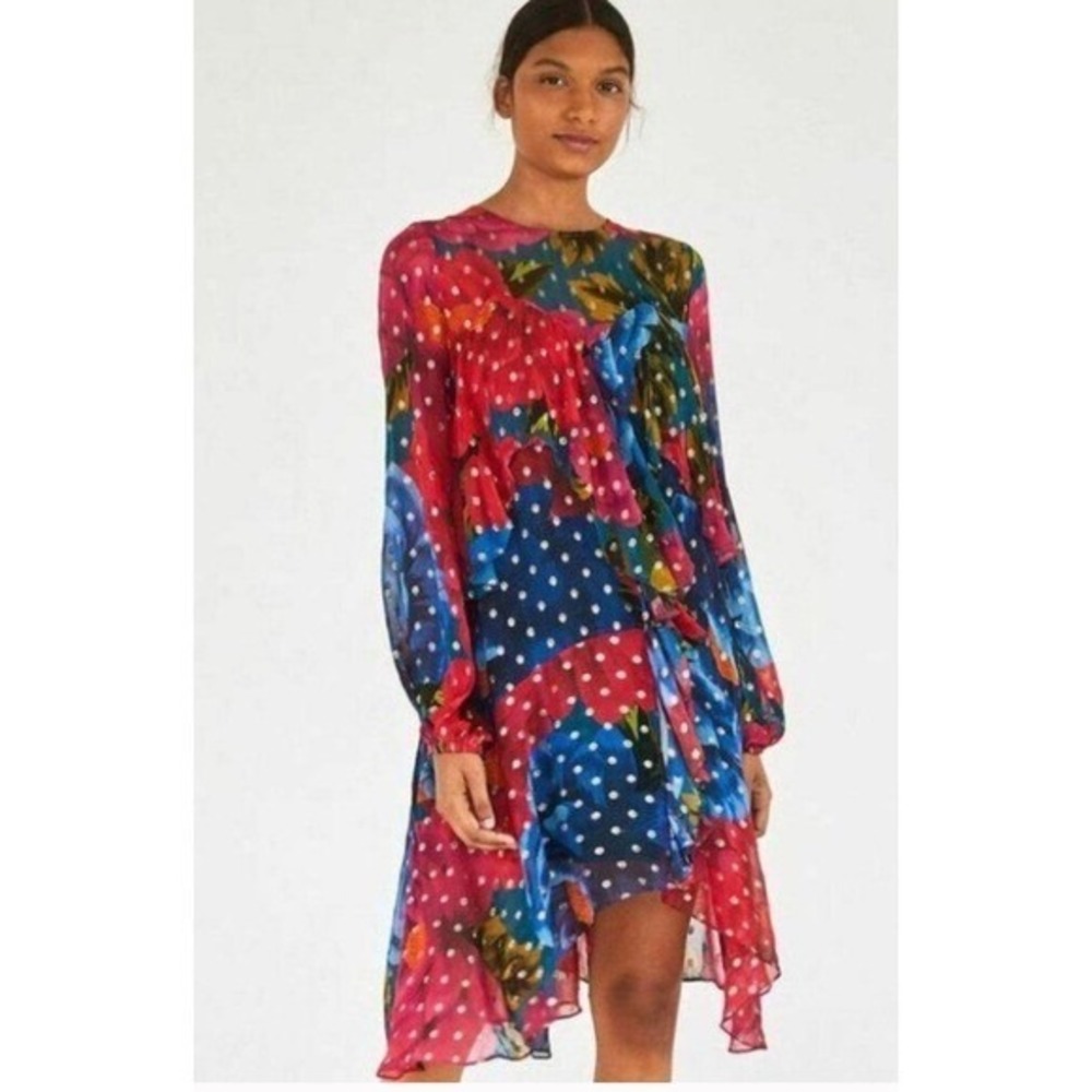 Farm Rio Floral Polka Dot Dress Long Sleeve Multicolor Asymmetrical medium